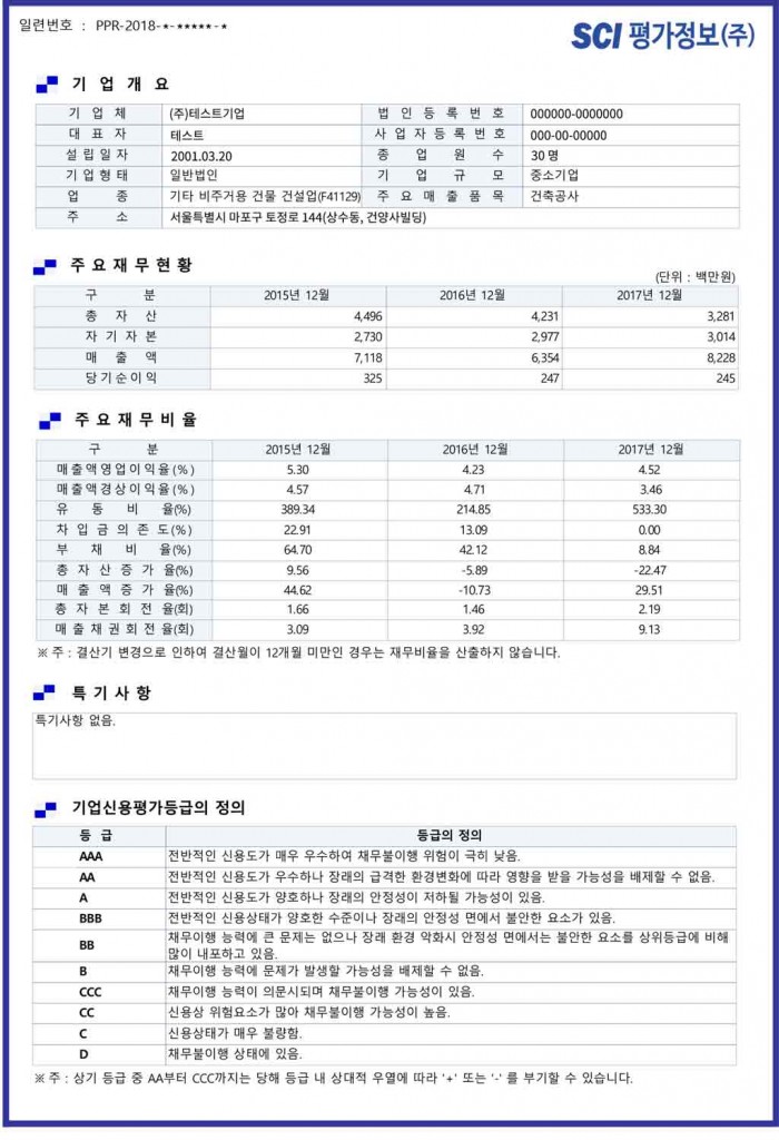 기업신용평가등급확인서 샘플